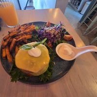 Rabbit burger without the bun. at Sugar Rabbit Kaffé in Albufeira