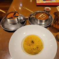 Aubergine and tomato curry, channa masala and turmeric rice at Kanak in Hiroshima