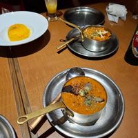 Tumeric rice. Eggplant and tomato curry, vegetable curry at Kanak in Hiroshima