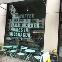 Front entrance; fair trade at Think Coffee in New York City