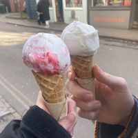 Coconut and raspberry ripple ice cream, and lychee sorbet  at Jack's Gelato in Cambridge