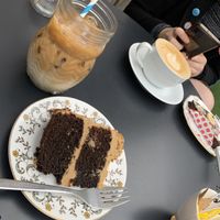 Iced oat latte and vegan coffee cake   at Glass Onion in Liverpool