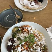 Bhudda bowl and vegan pancakes with bacon and maple syrup   at Glass Onion in Liverpool