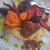 Over roasted vegetables with houmous at Ella Greek Cooking in Athens