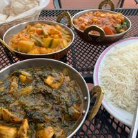 Mushroom shaag, vegetable karma made vegan and Chana Masala  at New Paltz Indian Restaurant in New Paltz