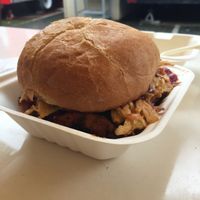 This picture does not do it justice. Filled with soy curls, vegan coleslaw, and mouth-watering goodness. at Homegrown Smoker Vegan Barbecue - Food Cart in Portland