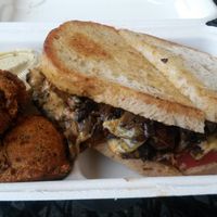 Mushroom melt special with side of hush puppies. omfg. at Homegrown Smoker Vegan Barbecue - Food Cart in Portland