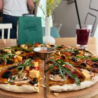 Vegan pizza with tofu   at Garun in Yerevan