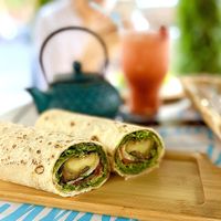 Twister wrap grilled vegetables: flatbread, eggplant, zucchini, tomato, cucumber, guacamole sauce at Garun in Yerevan