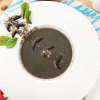 Vegan mushroom cream-soup with coconut milk. Served with gluten-free cornbread or whole grain bread. at Garun in Yerevan