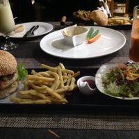 Veggie burger - homemade burger sauce  is delicious  at The Garden in Yangshuo