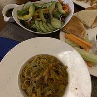 Spinach pasta and greed salad  at The Garden in Yangshuo