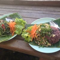 Morning glory (left) which is garlicky mushroomy goodness and larb (right) which is tofu, spring onion, coriandery limey goodness. Both filling and so tasty!  at Mr Green in Chiang Mai