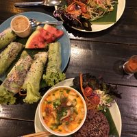 Spring rolls, Tom Yam, Stir fried veggies at Mr Green in Chiang Mai