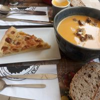 Pumpkin/maroilles soup with mirabelle pie at Seasons Cafe in Lille