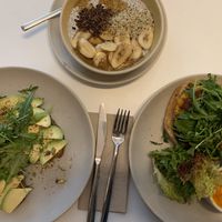 Avocado toast, chia pudding, and morning veggie burger. Beautiful! at Federal Cafe in Barcelona