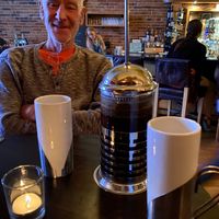 Hot pressed coffee to end our perfect meal (Shared: arugula salad, olive platter, crab cakes, and cheesecake - all vegan- all excellent.) at Plonk in Bozeman