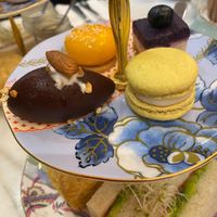 Sweets - vegan macaron, chocolate almond truffle, berry cheesecake and mango coconut mousse  at The Tea Room in Sydney