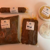 what I bought (the white unlabelled one is vegan goat cheese)  at The Vegan Butcher's Choice in Brussels