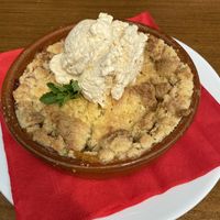 Crumble with salted caramel ice cream, big enough to share! at The Swan Inn in Malvern