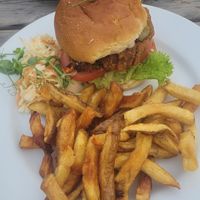 Delicious homemade smoky black bean and beetroot burger at The Swan Inn in Malvern