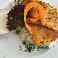 breaded vegan cheese with rice, peas, and tartar sauce (2016) at Napfényes Restaurant & Confectionery in Budapest