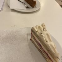 Pastry shop: carrot cake and something with white chocolate at Napfényes Restaurant & Confectionery in Budapest