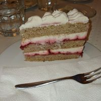 White chocolate and raspberry cake at Napfényes Restaurant & Confectionery in Budapest