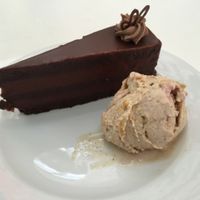 Chocolate cake with caramel ice cream at Napfényes Restaurant & Confectionery in Budapest