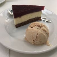 Vanilla berry cake with olive oil hazelnut ice cream at Napfényes Restaurant & Confectionery in Budapest