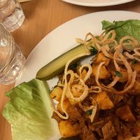 Traditional Hungarian “beef” stew  at Napfényes Restaurant & Confectionery in Budapest