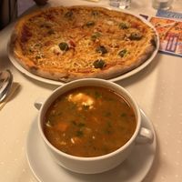 Goulash Soup and Three Cheese Pizza  at Napfényes Restaurant & Confectionery in Budapest