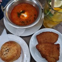 Goulash soup with seitan fillets at Napfényes Restaurant & Confectionery in Budapest