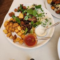 shared platter (we were hungry!) with fried cheese, seitan bites, rizi bizi, and more! at Napfényes Restaurant & Confectionery in Budapest