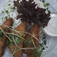 Fried cheese with rice and peas option   at Napfényes Restaurant & Confectionery in Budapest