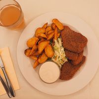 Fried seitan with steak fries  at Napfényes Restaurant & Confectionery in Budapest
