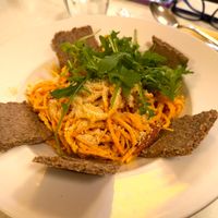 Raw ”Cheesy” Butternut Squash Spaghetti with Buckwheat Granola at Napfényes Restaurant & Confectionery in Budapest