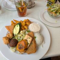 Napfényes Lavish Platter for 1: 3/5. Different types of vegan meat / tofu, sauce, rice and potato and salad. at Napfényes Restaurant & Confectionery in Budapest
