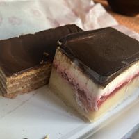 Zserbo (left) and mille feuille with raspberry (right)  at Napfényes Restaurant & Confectionery in Budapest