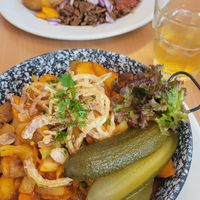 Tofu Stew Brasnov Style + Gyros Platter at Napfényes Restaurant & Confectionery in Budapest
