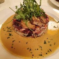Beetroot risotto with smoked tofu and peanut sauce at Napfényes Restaurant & Confectionery in Budapest