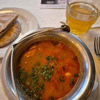 Goulash soup with warm pita bread and lemonade at Napfényes Restaurant & Confectionery in Budapest