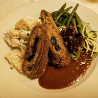From the specials - seitan with plum stuffing, potato salad, green beans at Napfényes Restaurant & Confectionery in Budapest