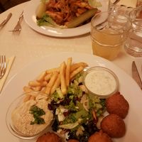falafel and chips. steak and chips. at Napfényes Restaurant & Confectionery in Budapest