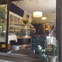 View from outside tables. at Napfényes Restaurant & Confectionery in Budapest