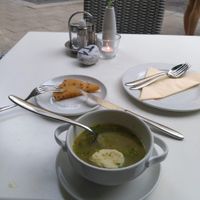 Dumpling soup and breaded "cheese" at Napfényes Restaurant & Confectionery in Budapest