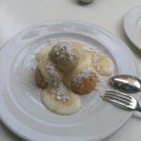 Some traditional dessert with soy yogurt sauce at Napfényes Restaurant & Confectionery in Budapest