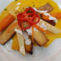 Glutenfree maincourse with tofu and polenta at Napfényes Restaurant & Confectionery in Budapest