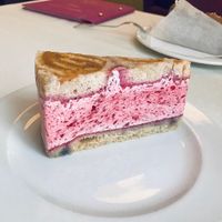 Raspberry charlotte cake at Napfényes Restaurant & Confectionery in Budapest