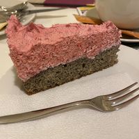 Raspberry and poppy seed cake at Napfényes Restaurant & Confectionery in Budapest